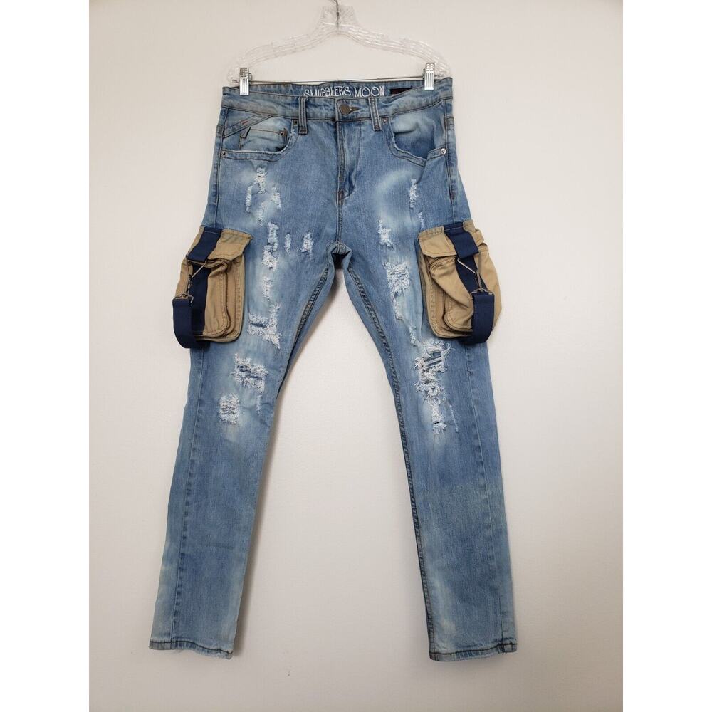 (A5) Smugglers Moon Cargo Pockets Jeans Mens Size 34 Blue Stonewash Distressed